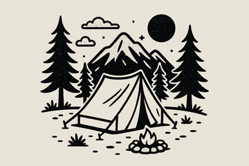 Vintage Camping Vector Illustration. Tent, Mountains, Trees, And Campfire In Hand-Drawn Style