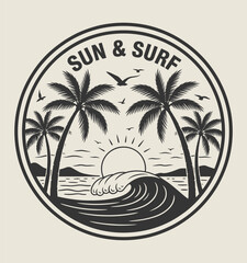 Fototapeta premium Sun And Surf Emblem With Palm Trees Ocean Waves And Flying Birds beach