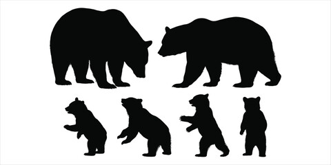 Black Silhouettes of Two Adult Bears and Four Cubs on White background