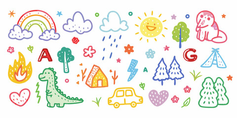 Whimsical hand drawn elements featuring rainbow sun clouds dinosaur car tent and letters