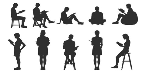 Collection of Black Silhouettes of People Reading Books in Various Poses person