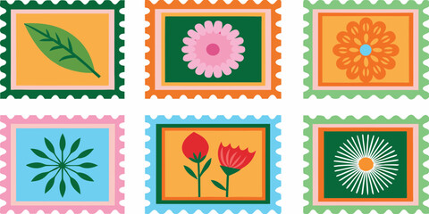 Collection of six colorful retro style postage stamps featuring floral designs and a leaf