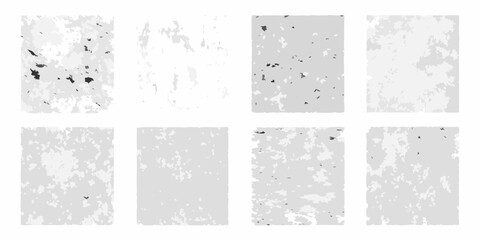 Eight abstract textured rectangular shapes with distressed grunge effects in shades of gray and white