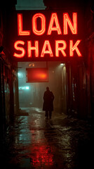 Gritty urban alleyway at night, neon LOAN SHARK sign, wet pavement, ominous figure, tense noir atmosphere