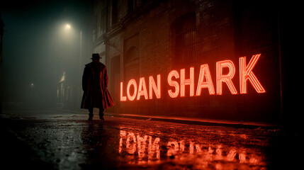 Gritty urban alleyway at night, neon lights reflecting on wet pavement, ominous figure, tense noir atmosphere