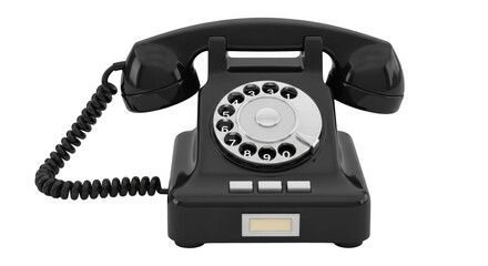 A classic black rotary telephone with a coiled cord is isolated on a transparent background
