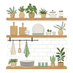 Charming kitchen shelves displaying various houseplants, cookware, dishes, and kitchen essentials creating a cozy and organized home atmosphere.