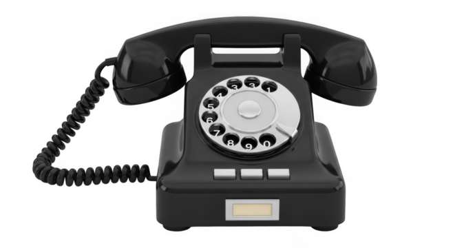 A classic black rotary telephone with a coiled cord is isolated on a transparent background