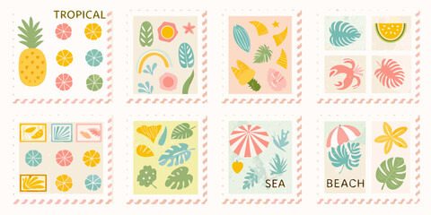 Collection of stylized tropical and beach themed illustrations with fruits leaves and umbrellas in pastel colors
