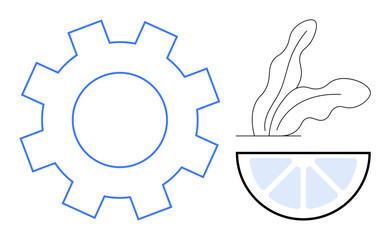 Blue gear, citrus slice, and minimalist leaves combine technology, freshness, and eco-friendly ideas. Ideal for business, technology, health nature engineering sustainability balance. Simple flat