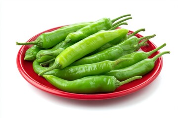 A red plate piled with shiny green peppers