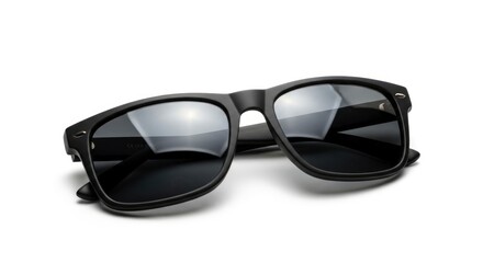 Stylish black sunglasses with dark lenses, isolated on a clean white background. Perfect for summer fashion, eye protection, or a cool accessory.