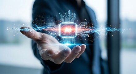 Futuristic microchip hologram displayed on hand symbolizing advanced technology and innovation