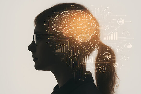 artificial intelligence, ai, and machine learning concept, a side view of a woman's head with a digital brain, a symbol of human intelligence and technology integration