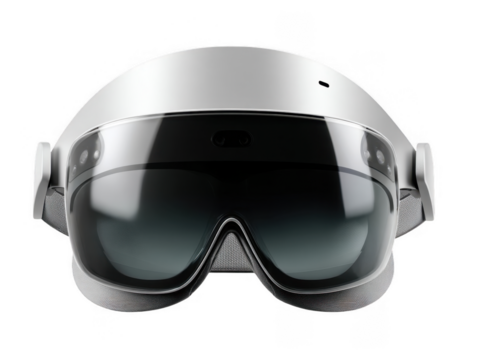 Front view of a modern futuristic augmented reality headset with sleek design and dark visor
