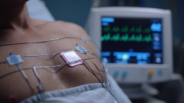 Close up of a patient with ecg leads attached to their chest in a hospital with a monitor in view