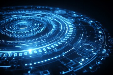 A detailed close up of a futuristic technology interface with glowing blue circular patterns and lines