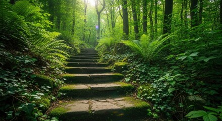 Obraz premium Sunlight illuminates moss-covered stone steps ascending through a dense, vibrant green forest, creating a tranquil and magical natural pathway.