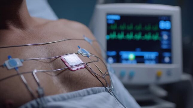 Close up of a patient's chest with ekg leads attached and a monitor showing heart activity in a hospital