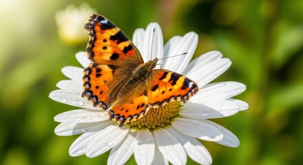 Obraz premium A vibrant Small Tortoiseshell butterfly with striking orange and black wings rests on a white daisy adorned with delicate dew drops. Macro shot capturing nature's beauty in detail.