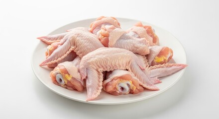 Fresh raw chicken wings and drumettes on a white plate, ready for cooking. Ideal for recipes, food preparation, and healthy eating concepts.