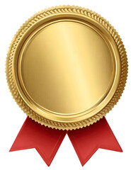 A golden award seal for recognition, featuring a circular design and vibrant red ribbons, symbolizing achievement and honor.