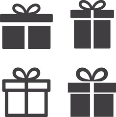 Four Gift Box Icons Dark Gray Silhouette and Outline Style present