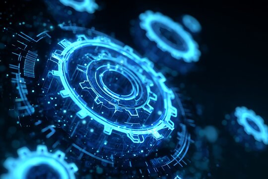 Glowing blue gears and abstract technology elements against a dark background with bokeh effects