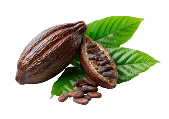 Two dark brown cacao pods, split open to reveal dark brown beans, rest on vibrant green leaves