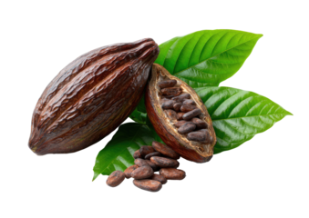 Two dark brown cacao pods, split open to reveal dark brown beans, rest on vibrant green leaves