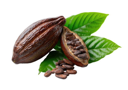 Two dark brown cacao pods, split open to reveal dark brown beans, rest on vibrant green leaves