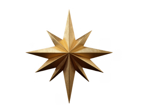 Golden eight-pointed star with metallic texture isolated on black background for decoration