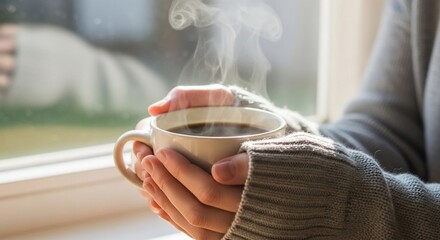 Close-up of hands in a grey sweater holding a steaming mug of hot coffee by a window, creating a cozy and warm atmosphere.