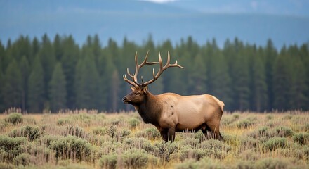 Majestic bull elk with large antlers stands in a dry grassy field with pine forest background