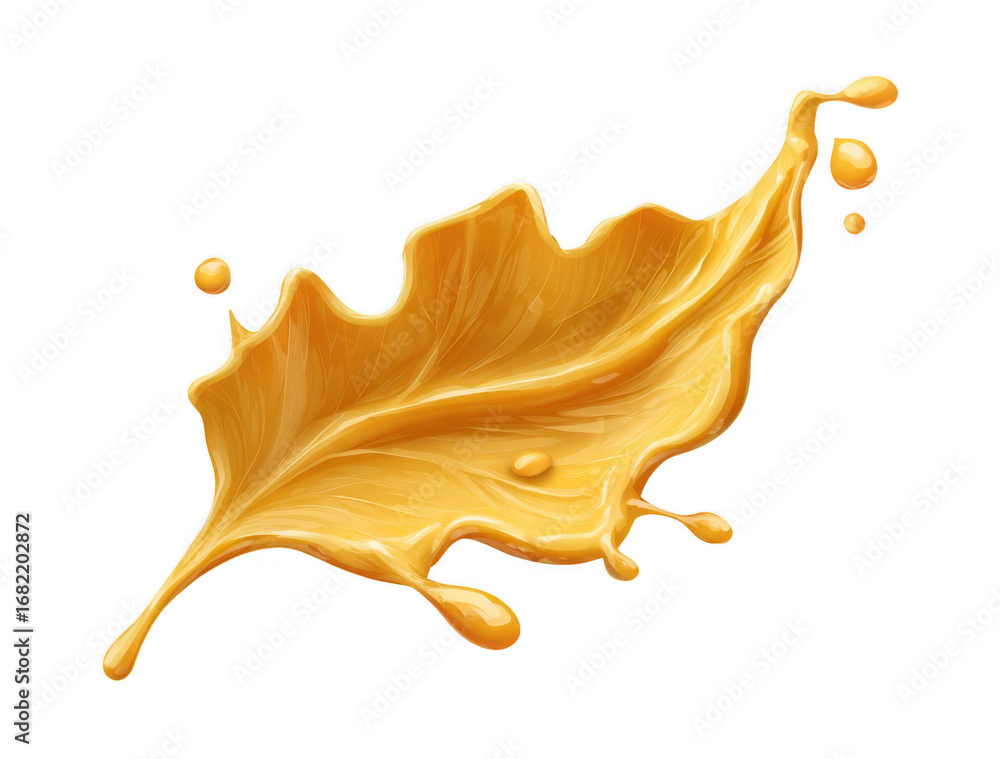 Poster golden liquid splash shaped like a leaf isolated on a transparent background with dynamic droplets