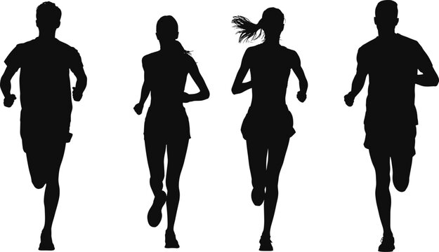 Silhouettes of male and female runners in motion on a white background running athlete