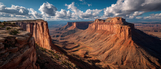 Expansive canyon with dramatic layered rock formations under cloudy sky