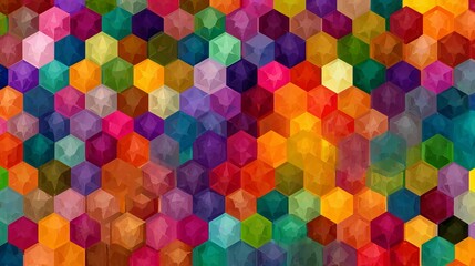 Vibrant, colorful mosaic of translucent geometric hexagons creates a dazzling, modern abstract background perfect for dynamic design projects