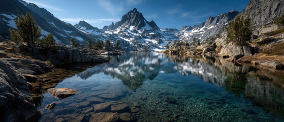 Naklejka premium Crystal-clear alpine lake reflecting snowy mountain peaks under dramatic light
