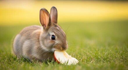 Fototapeta premium A cute brown bunny rabbit sitting in green grass eating a piece of white apple with a soft yellow background.