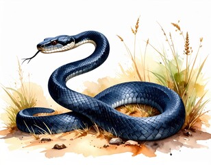 Fototapeta premium Watercolor depiction of a striking black mamba in its savanna habitat