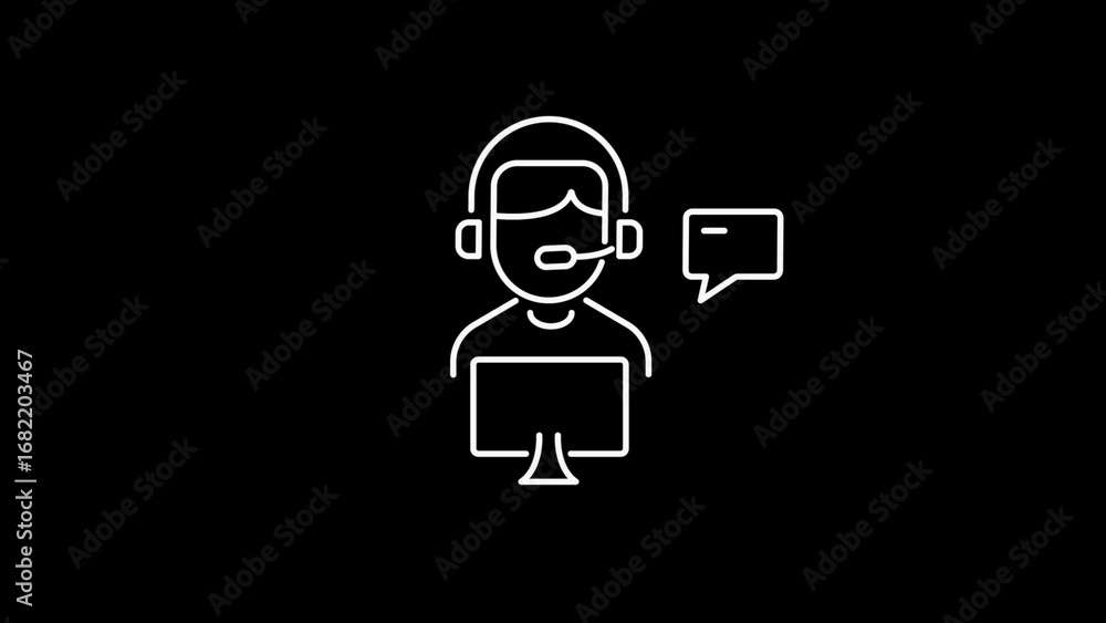 Poster line art icon of a support agent with computer and speech bubble on black background customer servic