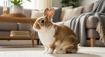 Obraz premium A cute brown and white rabbit sitting on a carpet in a cozy living room.