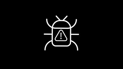 Line Art Icon of a Computer Bug with Warning Symbol on Black Background alert