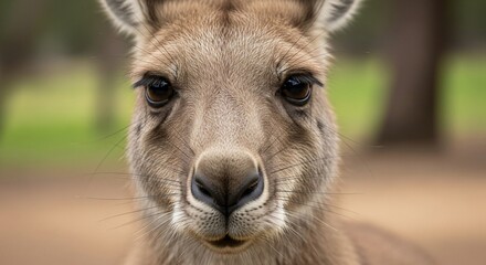 Obraz premium Close-up portrait of a curious kangaroo looking directly at the camera in its natural outdoor habitat.
