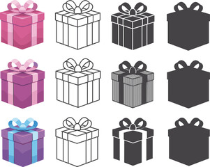 Three colorful gift boxes with ribbons and bows in different styles and outlines present