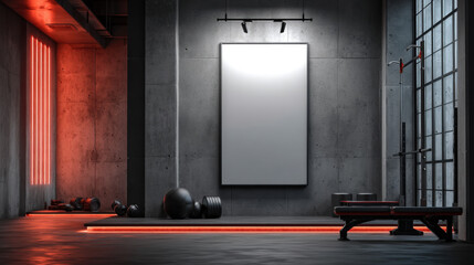 Blank poster frame mockup in modern gym interior with neon lighting