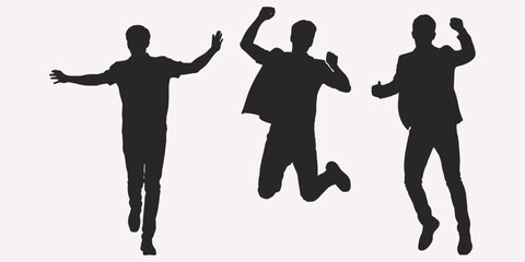 Three Silhouettes of Men Jumping and Celebrating Against Light Background celebration success