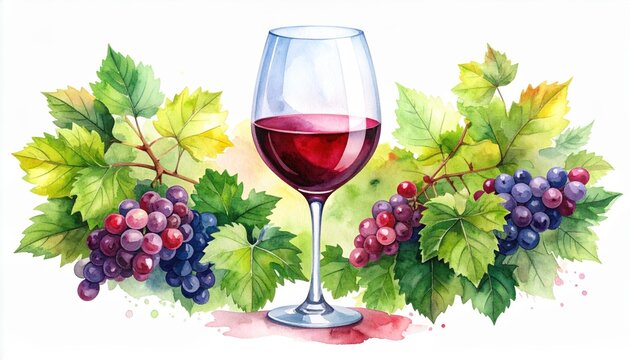 Elegant watercolor illustration of red wine and grapes, conveying sophistication