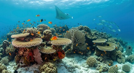 Fototapeta premium A majestic manta ray glides over a vibrant coral reef teeming with colorful fish and diverse marine life in crystal-clear blue waters. A breathtaking underwater ecosystem.